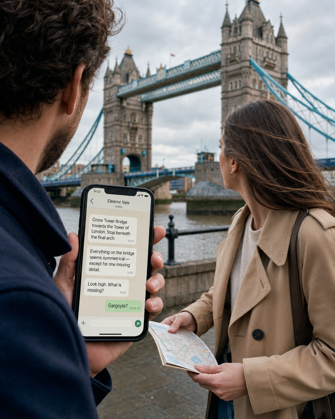 A team playing an Odyssey Horizons mystery near Tower Bridge